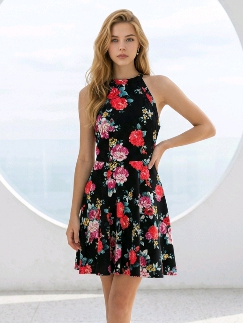 B Darlin Black Floral Halter Skater Dress Lace Trim Fit Flare M 9/10 Flirty Chic
